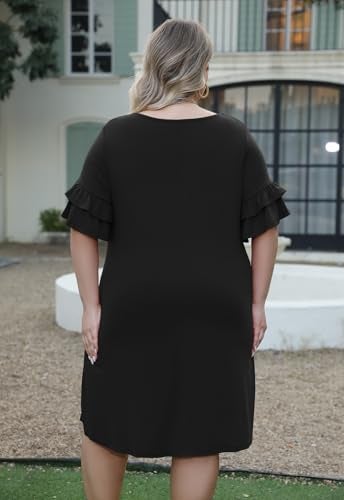 Nemidor Plus Size Casual Dresses for Curvy Women Summer Ruffle Sleeve T-Shirt Swing Mini Dress with Pocket 14-26(179,20,Black) - Image 2