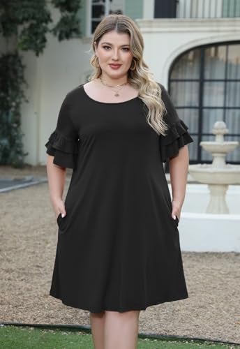 Nemidor Plus Size Casual Dresses for Curvy Women Summer Ruffle Sleeve T-Shirt Swing Mini Dress with Pocket 14-26(179,20,Black) - Image 3