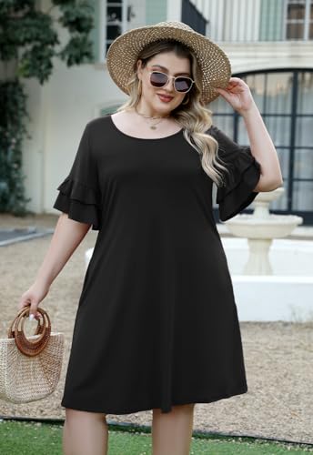 Nemidor Plus Size Casual Dresses for Curvy Women Summer Ruffle Sleeve T-Shirt Swing Mini Dress with Pocket 14-26(179,20,Black) - Image 5