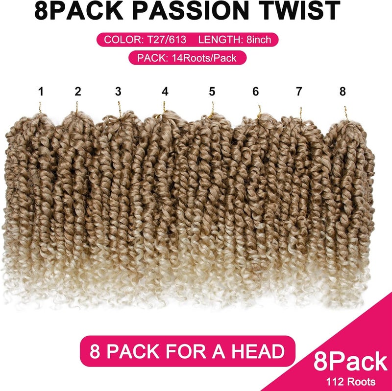 NAYOO Passion Twist Hair - 8 Packs 8 Inch Passion Twist Crochet Hair For Black Women, Crochet Pretwisted Curly Hair Passion Twists Synthetic Braiding Hair Extensions(8 Inch 8 Packs, T27/613) - Image 4