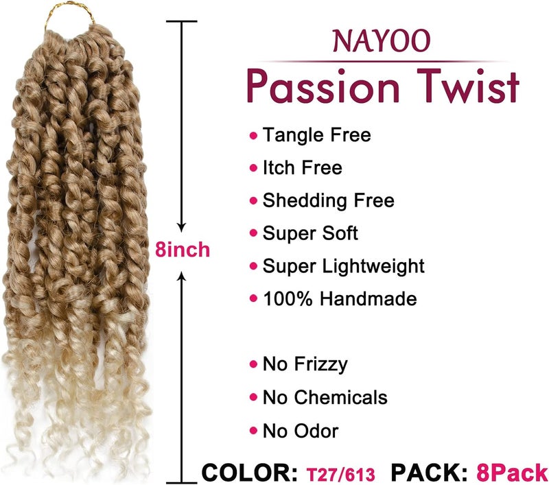 NAYOO Passion Twist Hair - 8 Packs 8 Inch Passion Twist Crochet Hair For Black Women, Crochet Pretwisted Curly Hair Passion Twists Synthetic Braiding Hair Extensions(8 Inch 8 Packs, T27/613) - Image 2