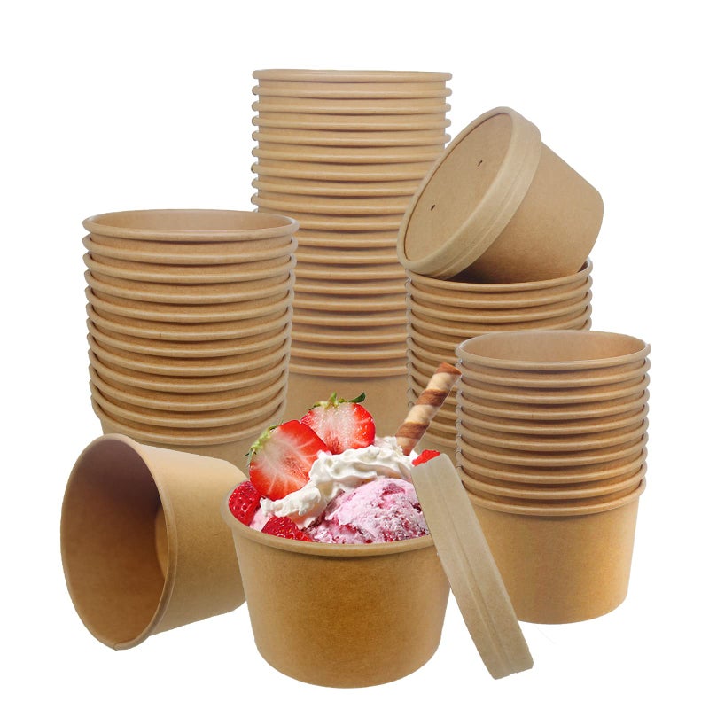 Belinlen 50 SET 8OZ Kraft Paper Soup Cups with Lids Compostable Paper Food Cup with Vented Lid Disposable Ice Cream Cup Great For Restaurants Take Outs or ToGo Lunch