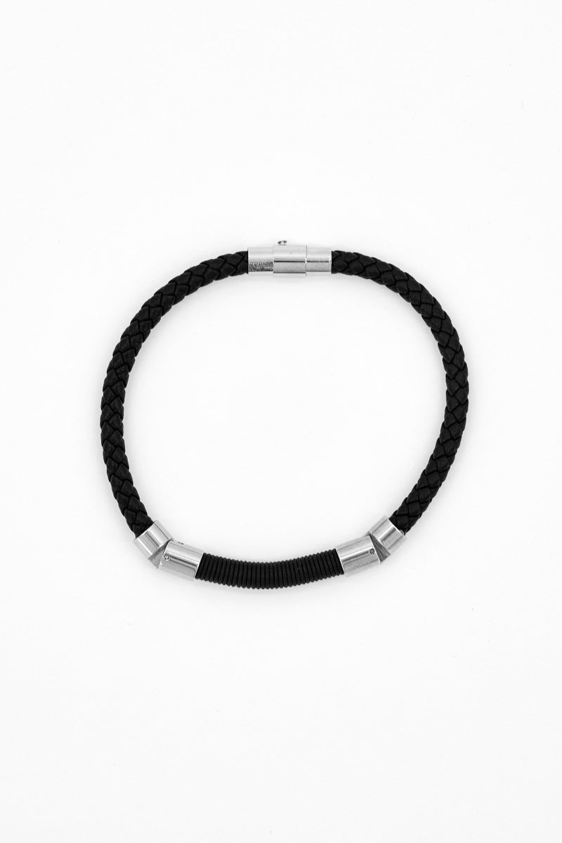 Steeltime سوار جلد مضفر للرجال مع خرز من الفولاذ المقاوم للصدأ، أسود - Image 4