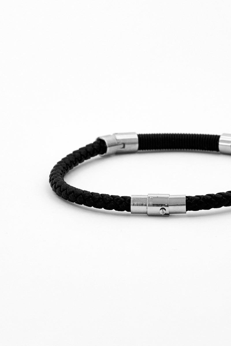 Steeltime سوار جلد مضفر للرجال مع خرز من الفولاذ المقاوم للصدأ، أسود - Image 3