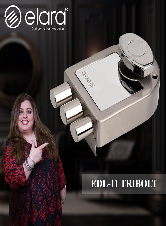 إلارا قفل باب Elara Tribolt 1CK للباب الرئيسي، مناسب للأبواب الخشبية، قفل باب خشبي يفتح من الداخل مع 4 مفاتيح نحاسية قابلة للعكس (تشطيب SS، EDL-11، Tri Bolt، Ultra Key) - Image 2