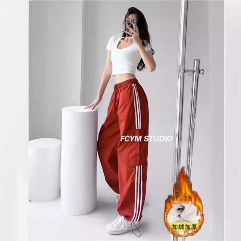 Fleece-Lined Thickened Work Pants Style Three Bar Street High Waist Slimming Loose Floor Trousers - Image 5
