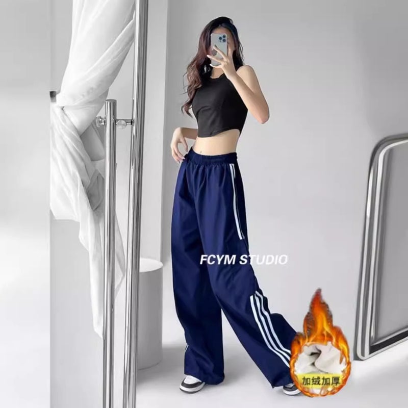 Fleece-Lined Thickened Work Pants Style Three Bar Street High Waist Slimming Loose Floor Trousers - Image 4
