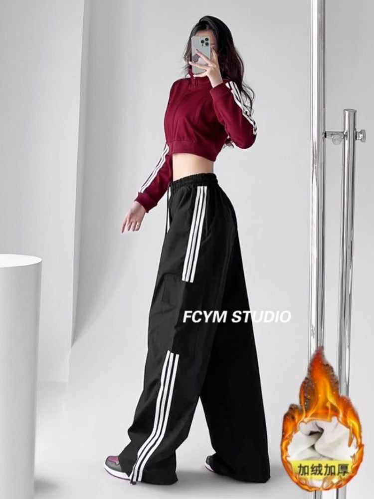 Fleece-Lined Thickened Work Pants Style Three Bar Street High Waist Slimming Loose Floor Trousers - Image 1