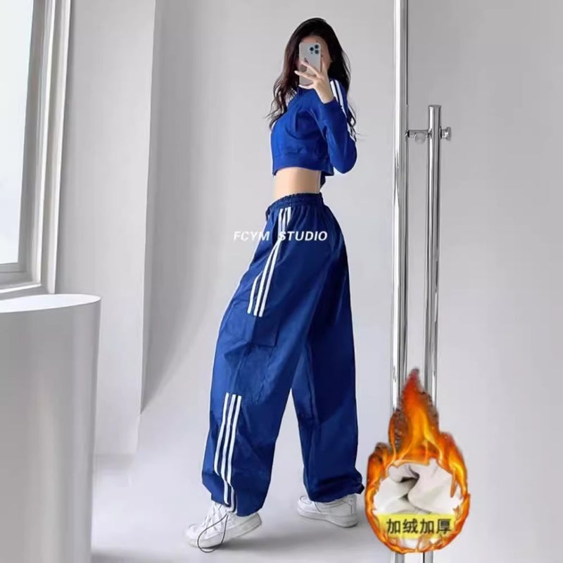 Fleece-Lined Thickened Work Pants Style Three Bar Street High Waist Slimming Loose Floor Trousers - Image 3