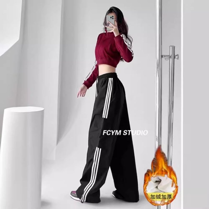 Fleece-Lined Thickened Work Pants Style Three Bar Street High Waist Slimming Loose Floor Trousers - Image 2
