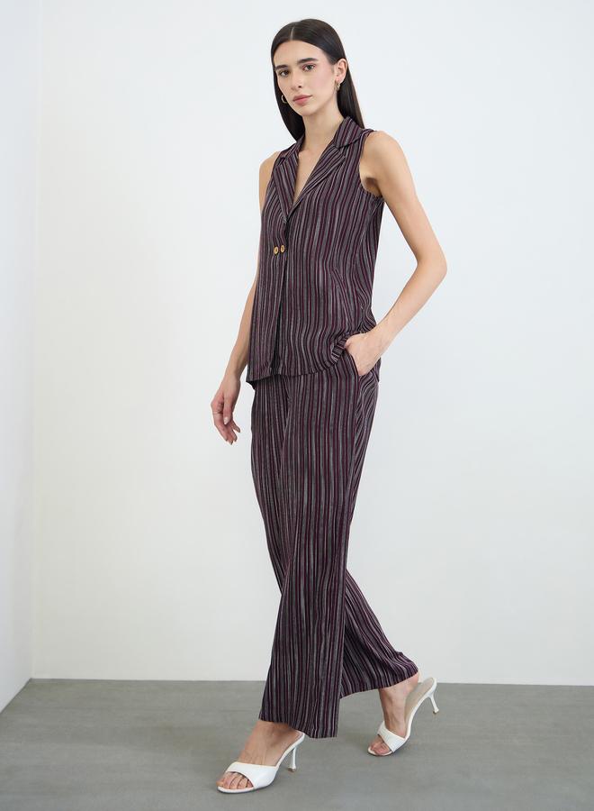Styli Burgundy Striped Waistcoat and Wide Leg Pants Co-ords - Image 1