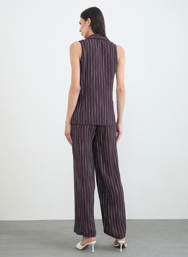 Styli Burgundy Striped Waistcoat and Wide Leg Pants Co-ords - Image 3