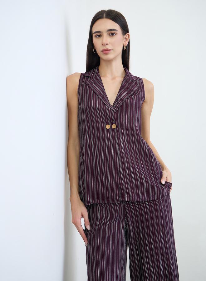 Styli Burgundy Striped Waistcoat and Wide Leg Pants Co-ords - Image 2