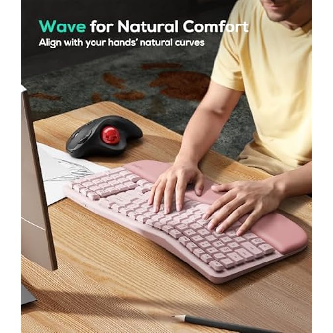 rayihni RT08 WAVE KEYS WIRELESS ERGONOMIC KEYBOARD WITH CUSHIONED PALM REST, 2.4GHZ ERGO CORDLESS USB COMPUTER KEYBOARD, COMFORTABLE NATURAL TYPING, FOR LAPTOP, MAC, WINDOWS PINK - Image 2