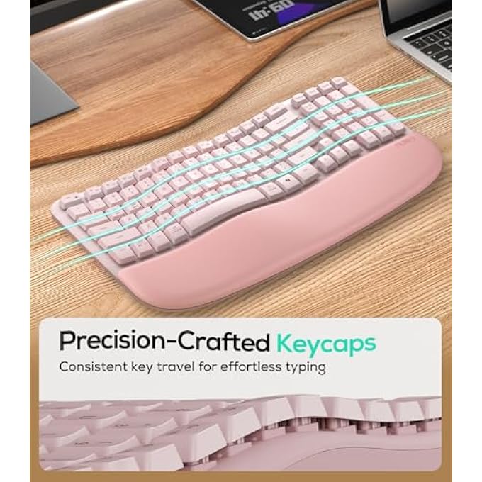rayihni RT08 WAVE KEYS WIRELESS ERGONOMIC KEYBOARD WITH CUSHIONED PALM REST, 2.4GHZ ERGO CORDLESS USB COMPUTER KEYBOARD, COMFORTABLE NATURAL TYPING, FOR LAPTOP, MAC, WINDOWS PINK - Image 3