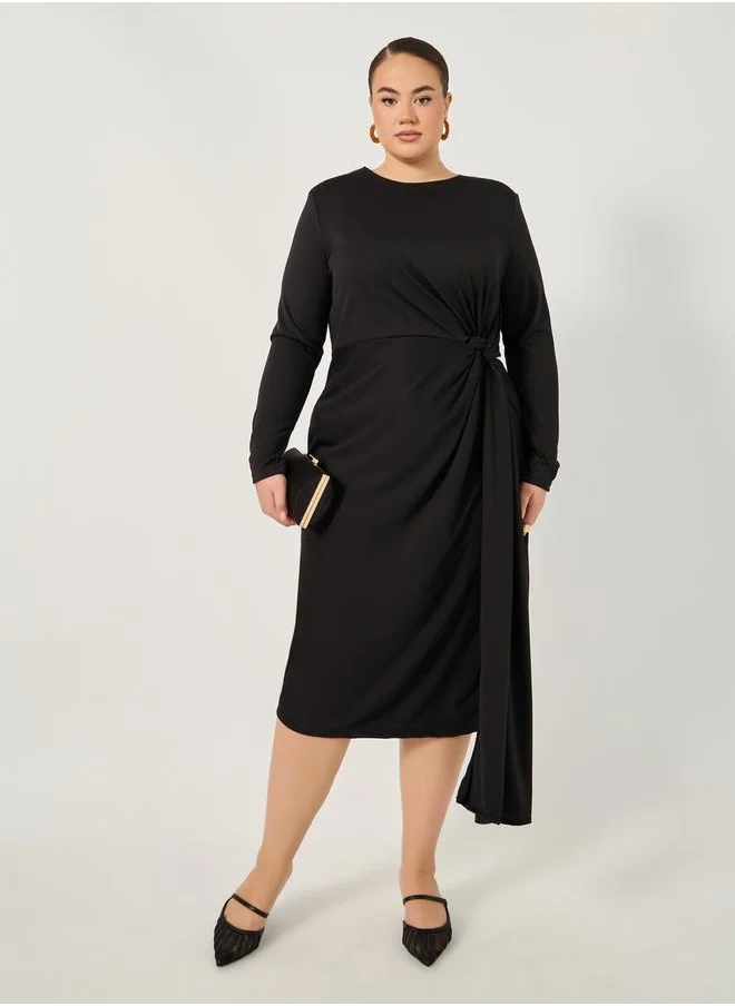 Styli Plus Size Draped Tie Waist Detail A-Line Midi Dress