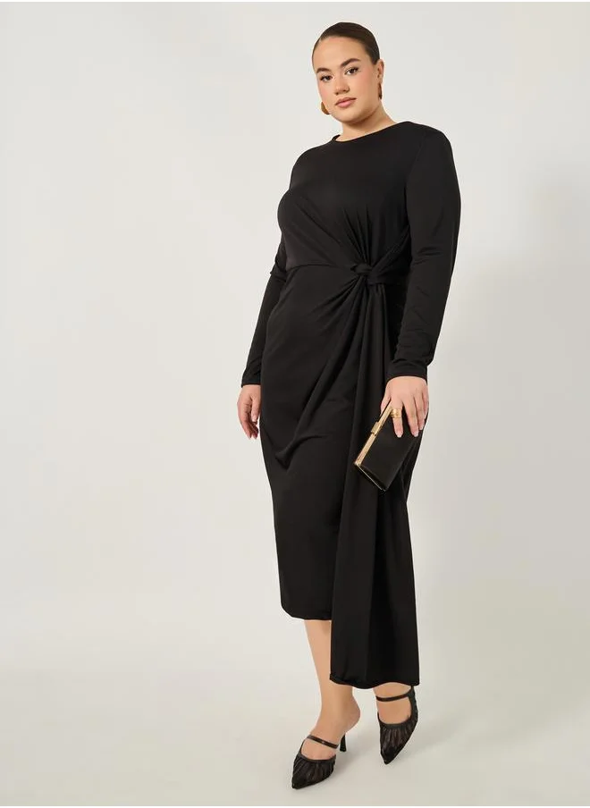 ستايلي Plus Size Draped Tie Waist Detail A-Line Midi Dress