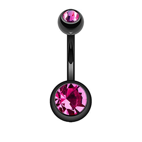 FIFTH CUE 14GA Black Titanium IP 316L Double CZ Barbell Belly Ring (PINK) - Image 1