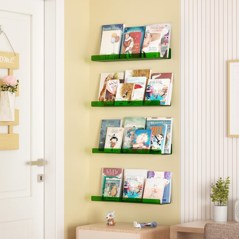 upsimples Acrylic Shelves for Wall Decor, 15" Display Shelf Perfume Organizer for Bathroom, Bedroom, Living Room, Floating Bookshelves for Kids, Clear Green, 4 Pack - Image 3