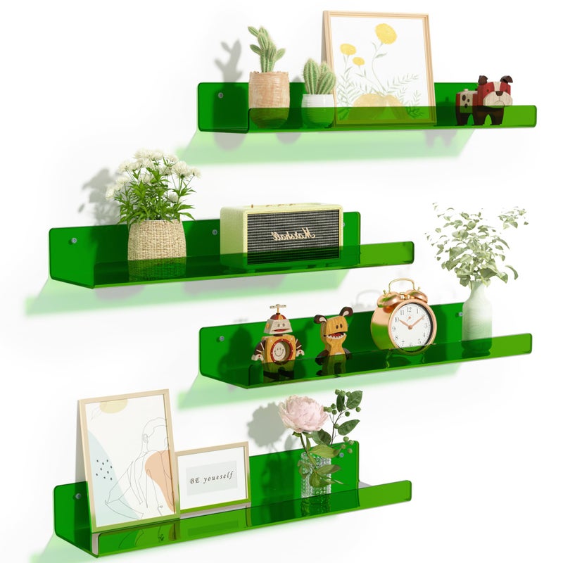 upsimples Acrylic Shelves for Wall Decor, 15" Display Shelf Perfume Organizer for Bathroom, Bedroom, Living Room, Floating Bookshelves for Kids, Clear Green, 4 Pack - Image 1
