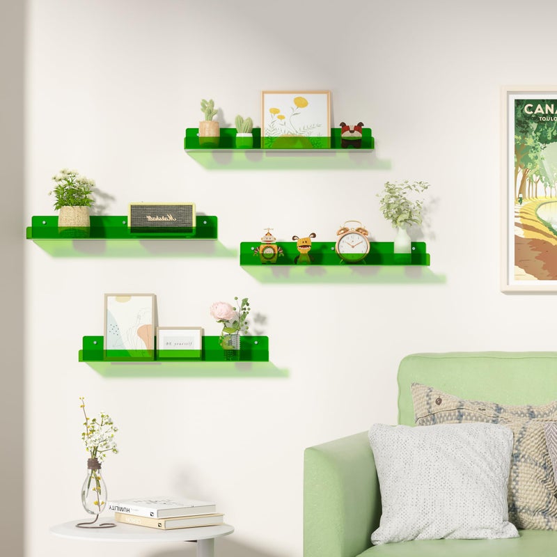 upsimples Acrylic Shelves for Wall Decor, 15" Display Shelf Perfume Organizer for Bathroom, Bedroom, Living Room, Floating Bookshelves for Kids, Clear Green, 4 Pack - Image 2