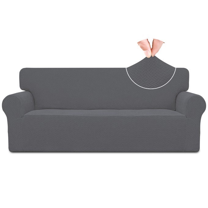 EASYGOING STRETCH JACQUARD COUCH COVER 1PIECE SOFT SOFA COVER SOFA SLIPCOVER WITH ANTISLIP FOAMS WASHABLE FURNITURE PROTECTOR FOR KIDS PETS SOFA GRAY
