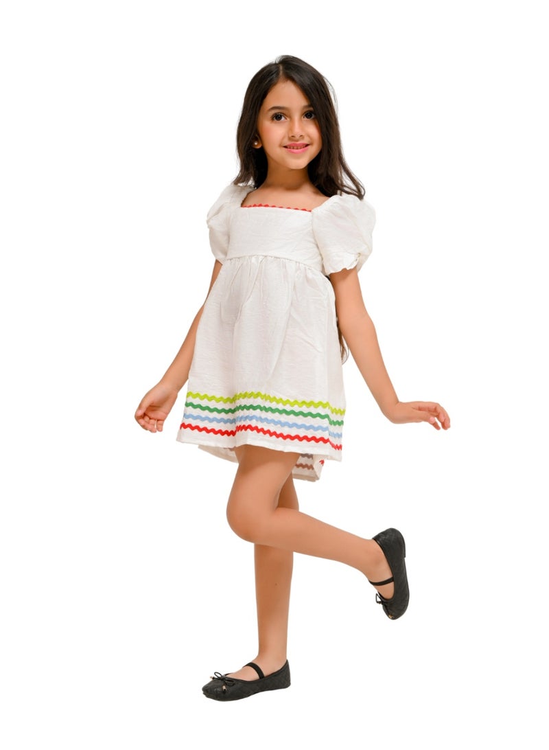 Zig  Cotton Dress with Puffy Short Sleeves and Colorful Wavy Trims - Image 1