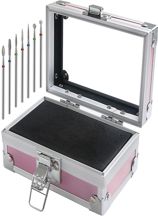 OLizee® 50 Holes Nail Drill Bits Holder with 7 Drill Bits Metal Nail Drill Tool Box Pink Nail Drill Bits Case Nail Drill Bits Organizer for Women Girls - Image 1