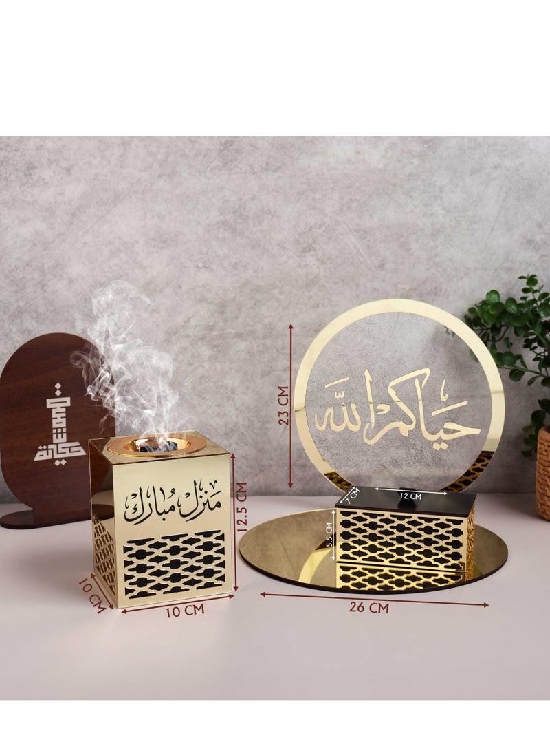 حكاية شمعة مبخرة مع صندوق بخور واستاند بعبارة مع صينية تحملها تأتي بعبارة "منزل مبارك" مصنوعه من الاكريلك اللامع والشفاف - Image 2
