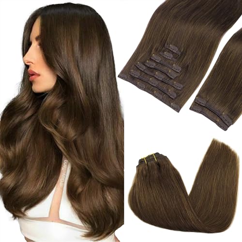Goo-Goo GOO GOO Clip in Hair Extensions Real Human Hair, Remy Human Hair Extensions Clip ins for Women, Natural Human Hair, 18inch 150g 9Pcs, 4A Chocolate Brown - Image 1