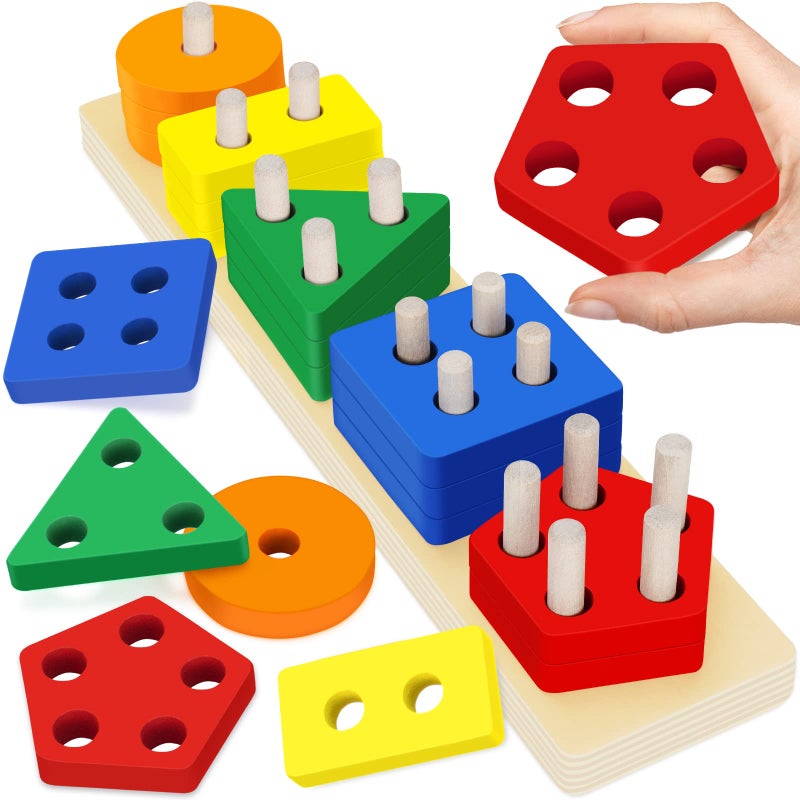 Wooden Sorting and Stacking Toy for Toddlers, Montessori Geometric Shape Puzzle, Preschool Fine Motor Skill Development, 1-3 Years