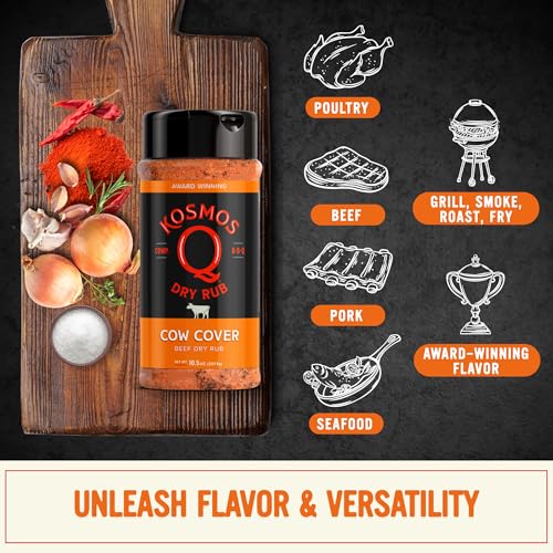 Kosmos Q Cow Cover BBQ Dry Rub, Smoky & Savory Beef Seasoning with Chili Pepper, Garlic, Onion & Paprika for Steak, Burgers, Brisket, Wild Game, Chicken, BBQ Rub for Grilling & Smoking, 10.5 Oz Shaker - Image 4