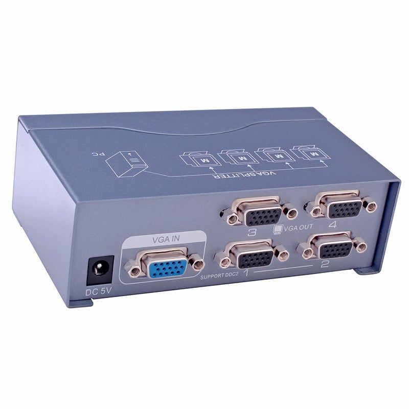 DTECH Powered 4 Port VGA Splitter Box Video Distribution Duplicator for 1 PC to Multiple Monitors Projector - Image 1
