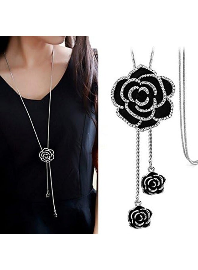 Long Chain Black Crystal Rose Flower Pendant Necklace for Women and Girls  - Image 2