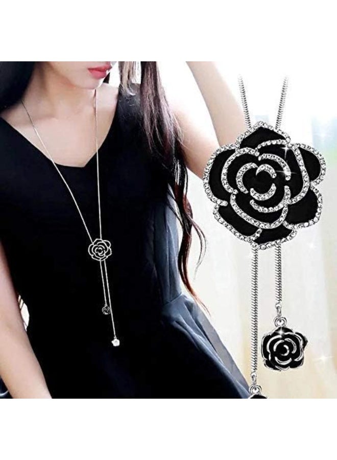 Long Chain Black Crystal Rose Flower Pendant Necklace for Women and Girls  - Image 3