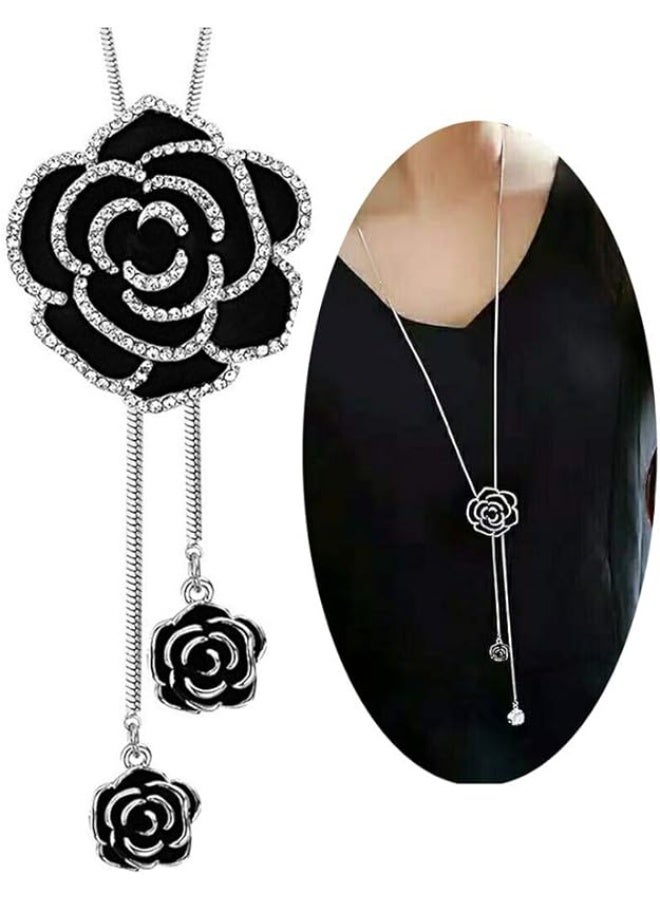 Long Chain Black Crystal Rose Flower Pendant Necklace for Women and Girls  - Image 1
