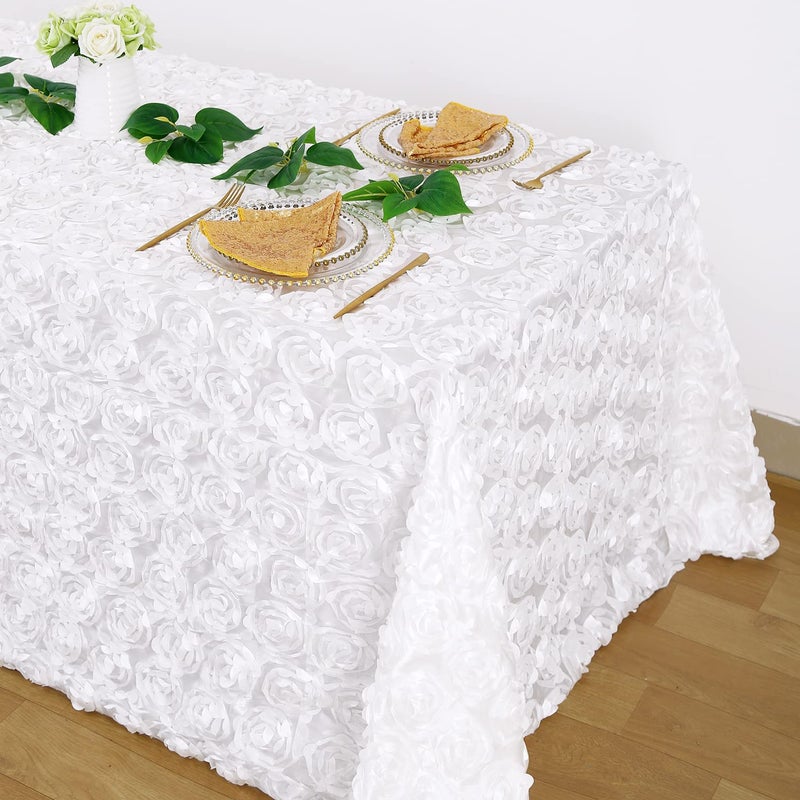 FanQiSi Fanqisi White 3D Floral Satin Raised Rosettes Tablecloth Rectangular 90x132 Inches Rosette Tablecloth for Wedding Baby Shower Table Bridal Shower Meeting Events Decoration 