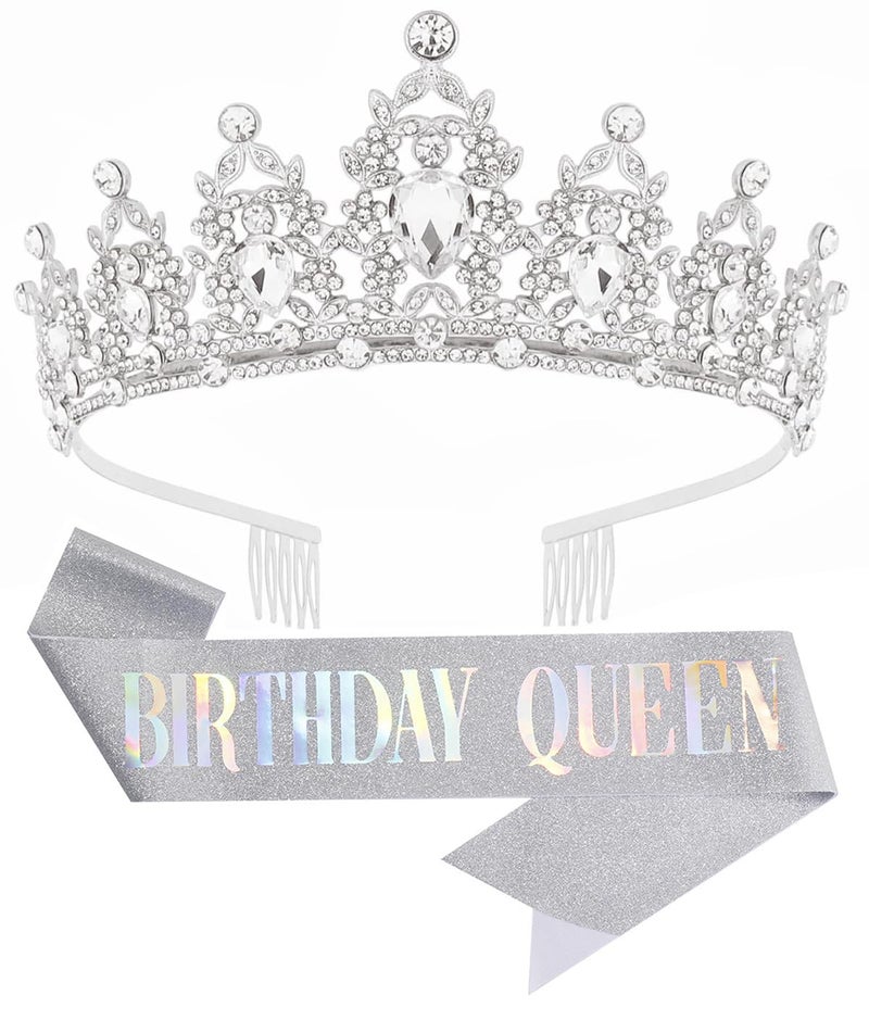 Papoopy Birthday Tiara Crown with Sash for Women, Headband Hair Accessories for Wedding Party Costume Silver - Image 1