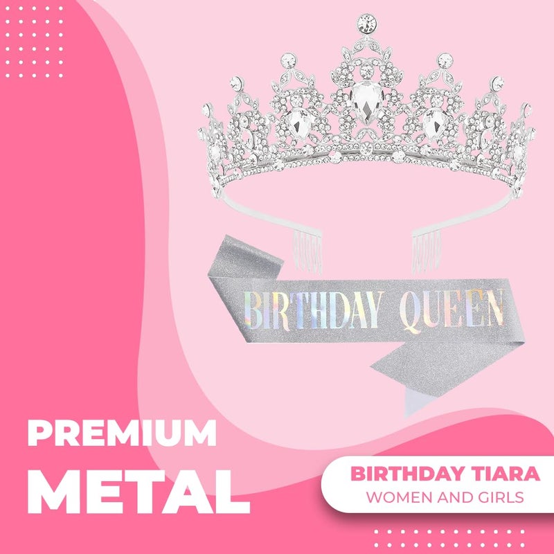 Papoopy Birthday Tiara Crown with Sash for Women, Headband Hair Accessories for Wedding Party Costume Silver - Image 2