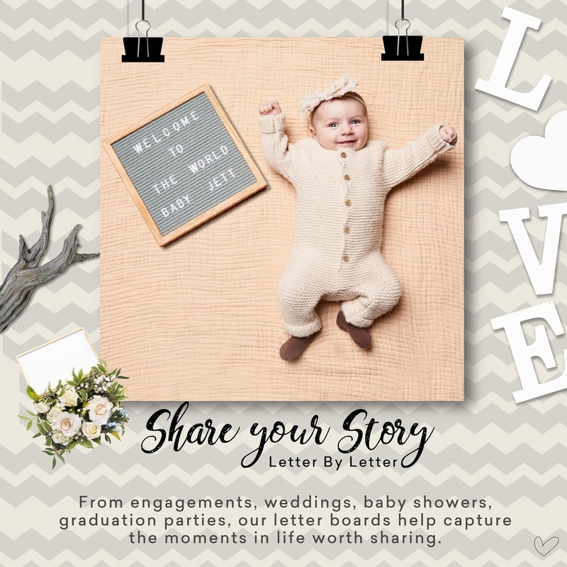 Felt Like Sharing Felt Letter Board, 10x10in Changeable Letter Board with Letters White 300 Piece - Felt Message Board, Oak Frame Wooden Letter Board for Baby Announcements, Milestones, Office Decor & More (Gray) - Image 2