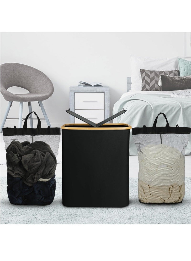 MIXDE 150L Divided Foldable Bamboo and Canvas Laundry Basket with Lid and Handles Tall Double Collapsible Large Laundry Hamper-Waterproof Liner for Adults Bedroom Bathroom Living Room - Image 2