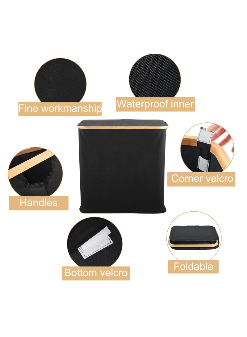MIXDE 150L Divided Foldable Bamboo and Canvas Laundry Basket with Lid and Handles Tall Double Collapsible Large Laundry Hamper-Waterproof Liner for Adults Bedroom Bathroom Living Room - Image 4