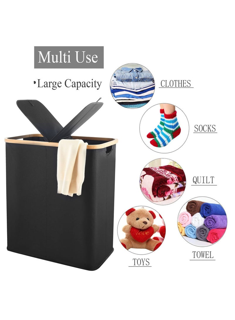 MIXDE 150L Divided Foldable Bamboo and Canvas Laundry Basket with Lid and Handles Tall Double Collapsible Large Laundry Hamper-Waterproof Liner for Adults Bedroom Bathroom Living Room - Image 5