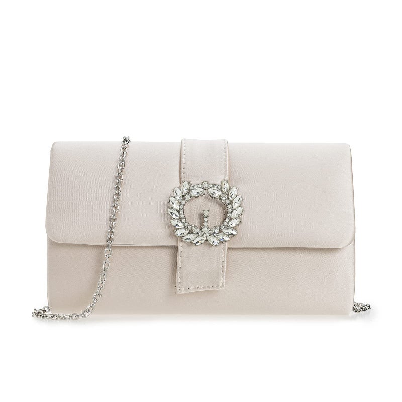 CHARMING TAILOR CHARMING TAILOR Evening Bag Diamantes Embellished Satin Clutch Purse for Woman Classy Party Handbag with Beaded Brooch (Champagne)  - Image 1