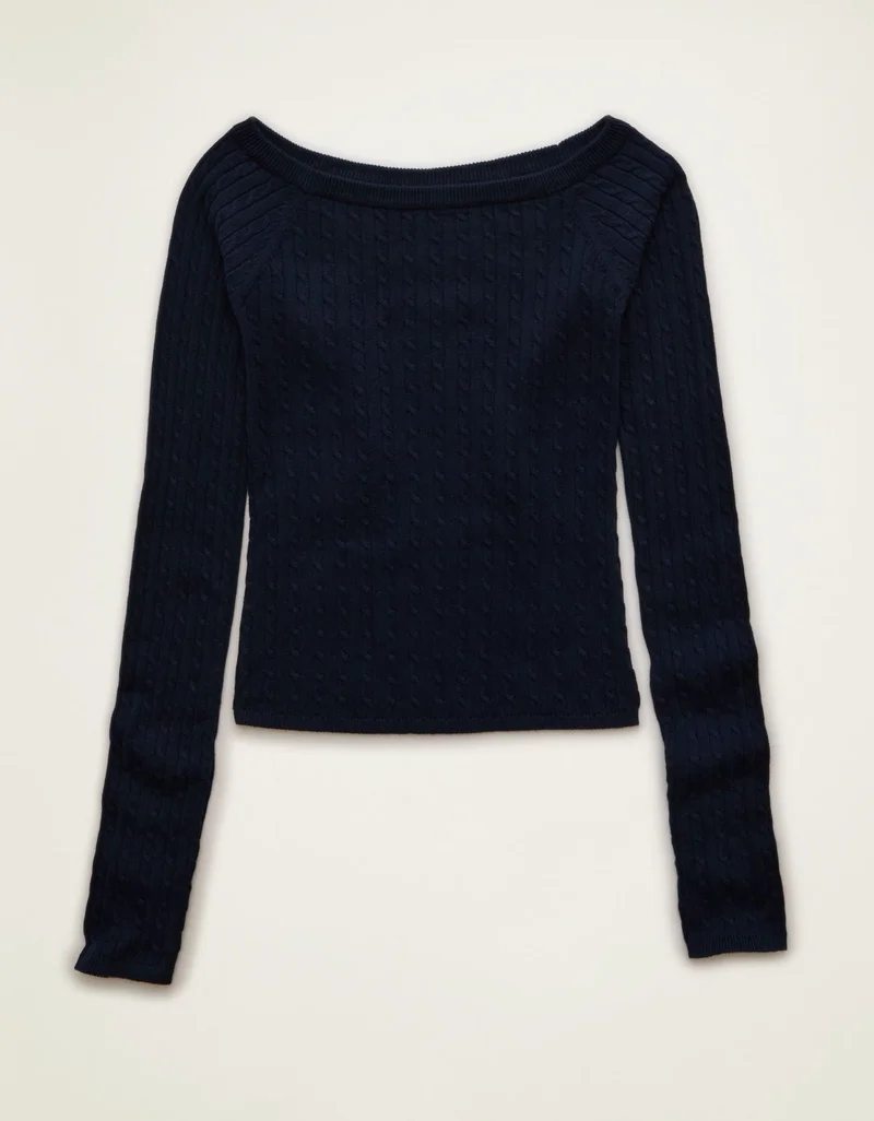 AE Fitted Off-the-Shoulder Cable Knit Sweater