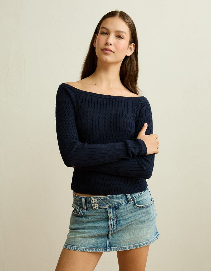 American Eagle AE Fitted Off-the-Shoulder Cable Knit Sweater - Image 1