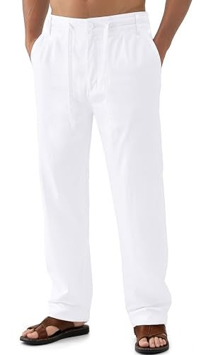 Janmid Men Casual Beach Trousers Linen Summer Pants White XL - Image 1