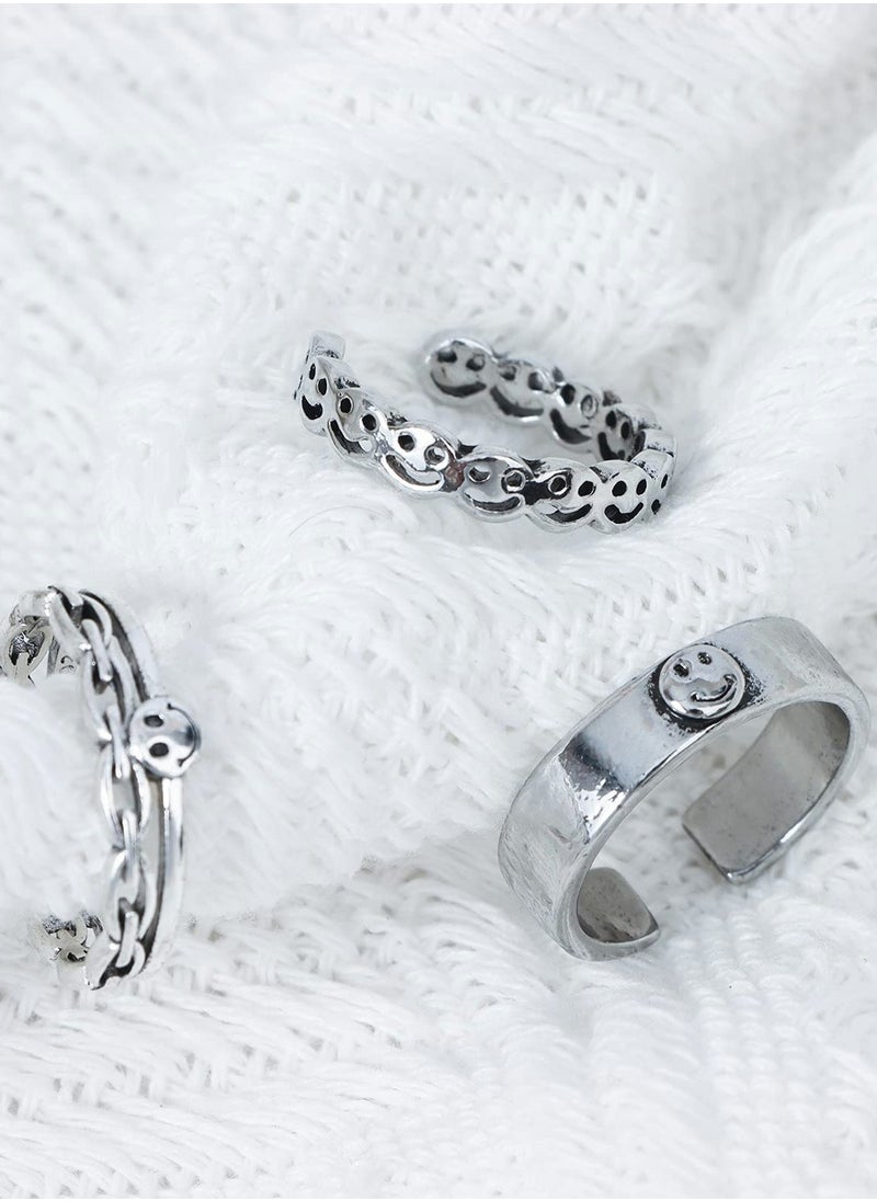 KASTWAVE - 3 Pcs Smiley Face Ring Set, Chunky Adjustable Vintage Silver Smiling Happy Funny Rings Adjustable Open Knuckle Ring Smiling Face Rings for Women Men - Image 1