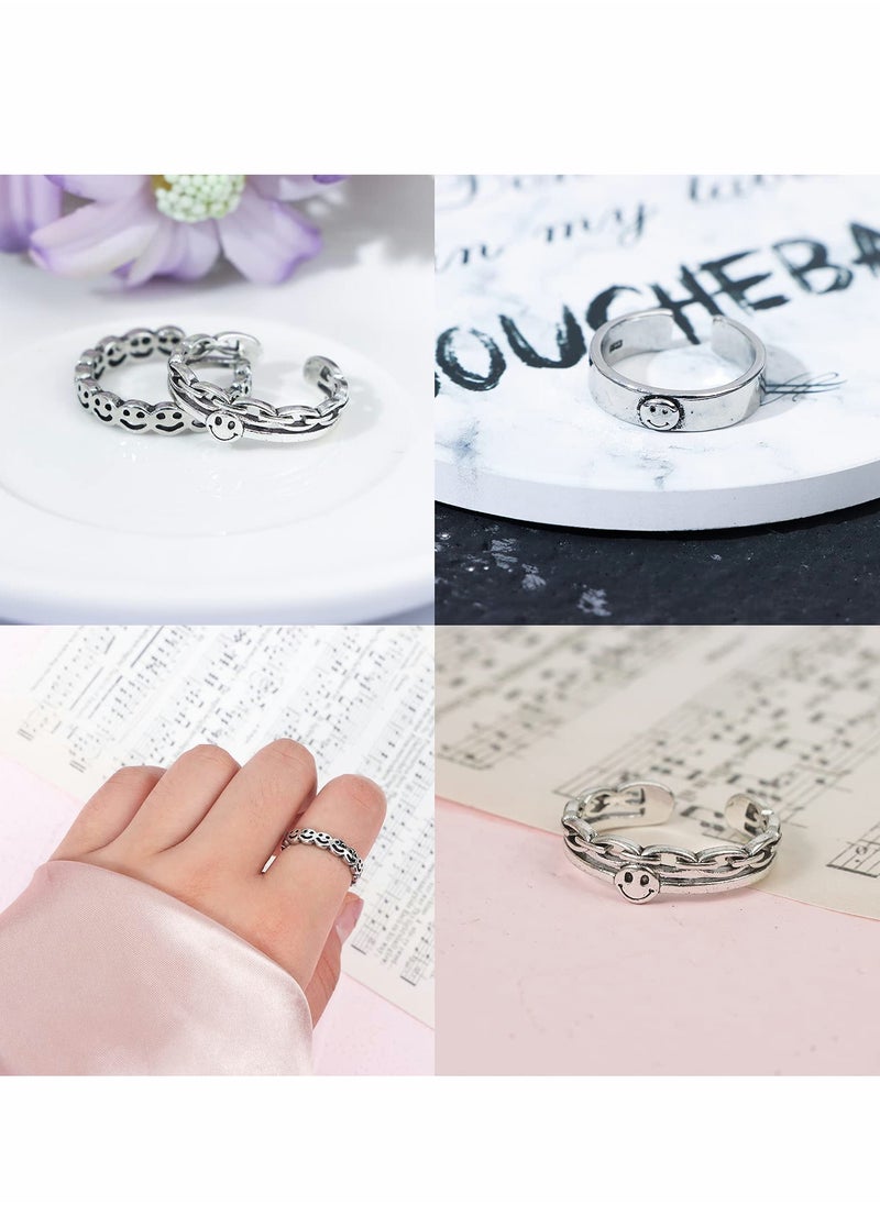 KASTWAVE - 3 Pcs Smiley Face Ring Set, Chunky Adjustable Vintage Silver Smiling Happy Funny Rings Adjustable Open Knuckle Ring Smiling Face Rings for Women Men - Image 1
