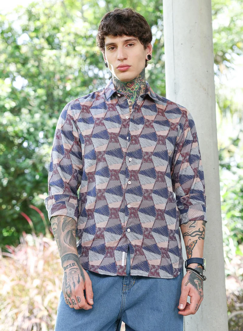 Campus Sutra Campus Sutra Men's Indigo Blue:Burgundy Red Geo-Abstract Jacquard Shirt | Regular Fit Full Sleeve Button-Down Collar Geometric Pattern | Cotton Blend & Breathable Woven Fabric